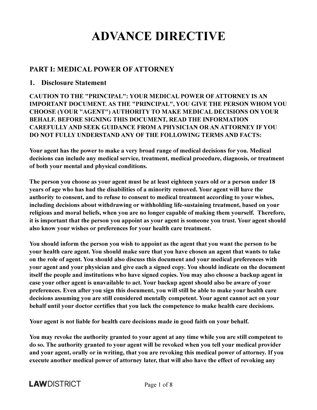Free Advance Directive Form | Health Care Directive | Lawdistrict