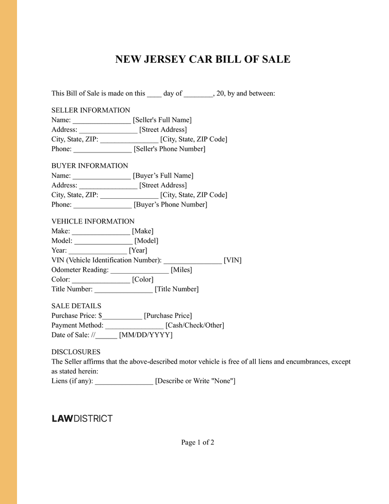 Example Lease Operating Statement Free New Jersey Car Bill of Sale Form | PDF & Word Template | Lawdistrict