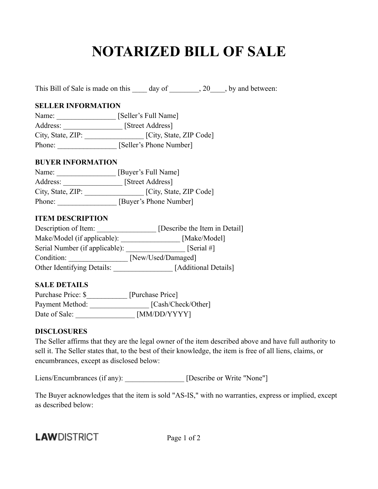 Example Lease Operating Statement Free Notarized Bill of Sale | Sample & PDF | Lawdistrict