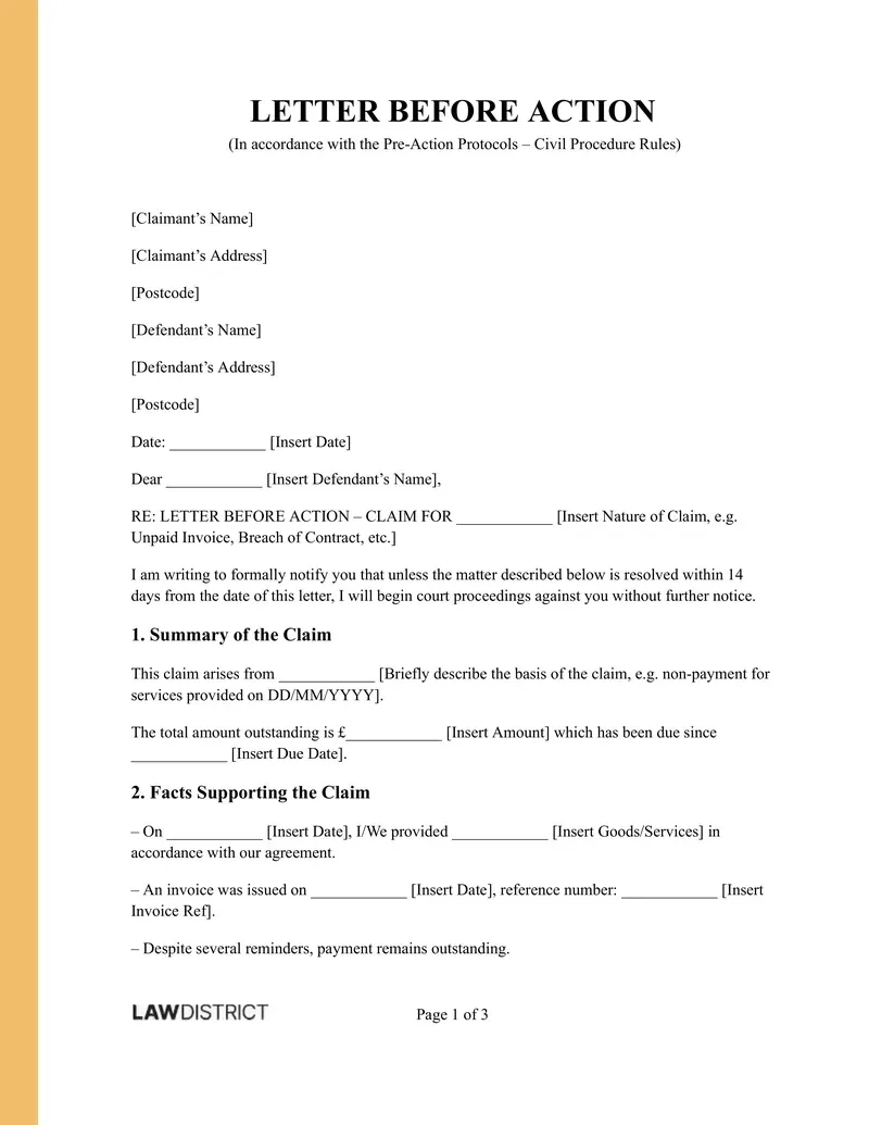 Letter Before Action Template for the UK | Lawdistrict